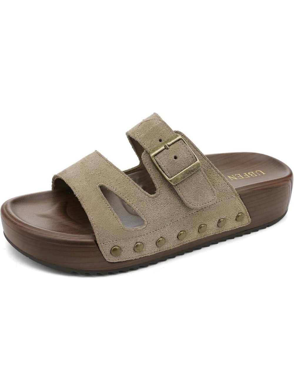 Women's Slides Platform C Khaki Genuine Leather Arch Support Buckle Sandals